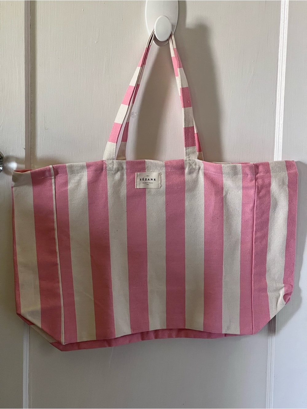 Sezane Pink and White Striped Canvas Tote